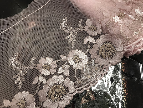 Light Pink/Gold Filigree on Light Pink Background - Embroidered Soft Tulle Lace - 18.5 cm Wide.