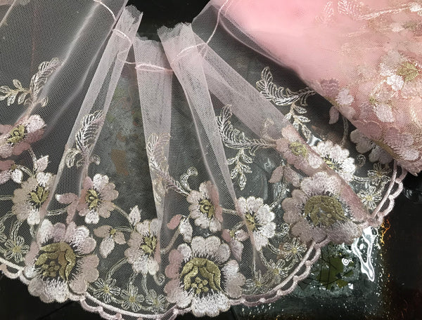 Light Pink/Gold Filigree on Light Pink Background - Embroidered Soft Tulle Lace - 18.5 cm Wide.