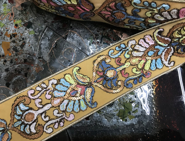 Multi Color Floral w/Sequins on a Butter Beige Background - Boho Style  Embroidered  Ribbon -  2.5" Wide.