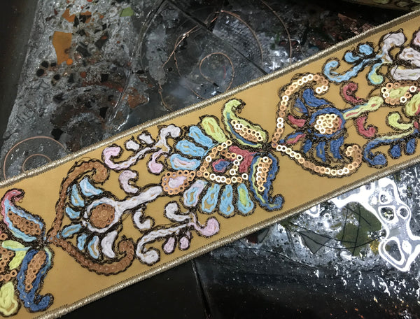 Multi Color Floral w/Sequins on a Butter Beige Background - Boho Style  Embroidered  Ribbon -  2.5" Wide.