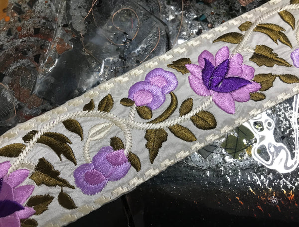Shades of Purple/Lavender/Sage Green Floral on Off White/Ivory Background - Boho Style  Embroidered  Ribbon -  2 3/8" Wide.