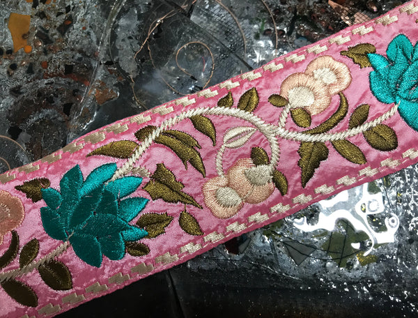 Shades of Beige/Turquoise/Sage Green Floral on Pink Background - Boho Style  Embroidered  Ribbon -  2 3/8" Wide.