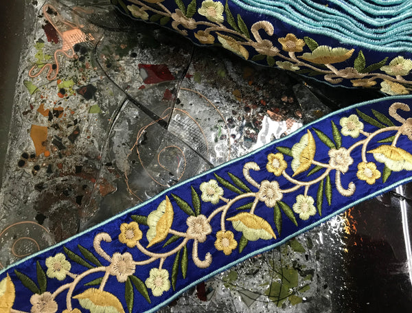 Shades of Yellow/Gold/Sage Green Floral on Blue Background - Boho Style  Embroidered  Ribbon -  2 3/8" Wide.