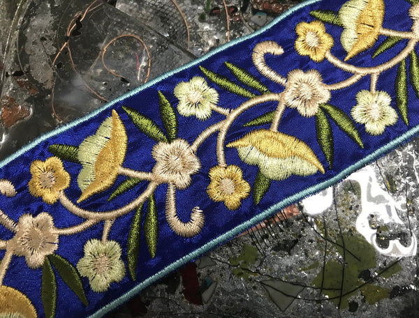 Shades of Yellow/Gold/Sage Green Floral on Blue Background - Boho Style  Embroidered  Ribbon -  2 3/8" Wide.