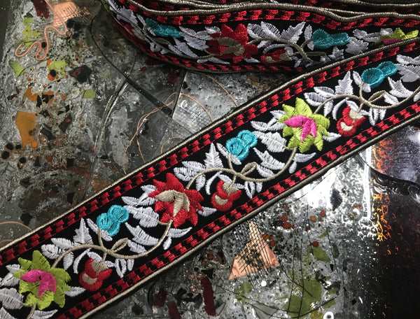 Multi Color Floral - Boho Style  Embroidered  Ribbon -  2" Wide, Two Colors Available.