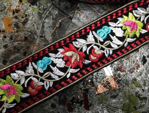 Multi Color Floral - Boho Style  Embroidered  Ribbon -  2" Wide, Two Colors Available.