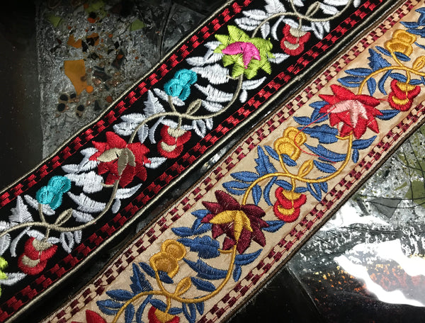 Multi Color Floral - Boho Style  Embroidered  Ribbon -  2" Wide, Two Colors Available.