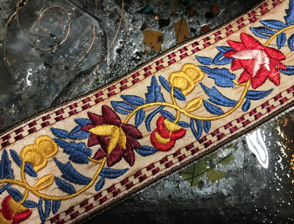 Multi Color Floral - Boho Style  Embroidered  Ribbon -  2" Wide, Two Colors Available.