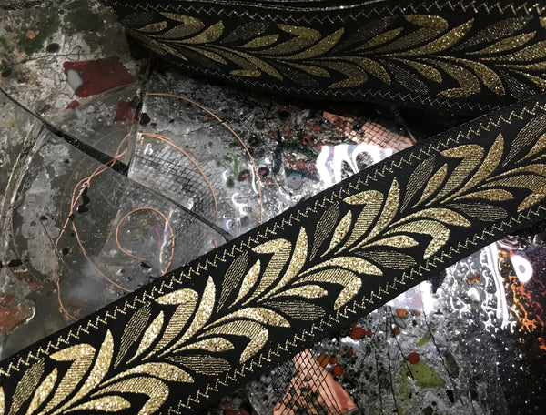Gold Metallic on Black Background - Embroidered Jacquard Ribbon - 1.5" Wide.