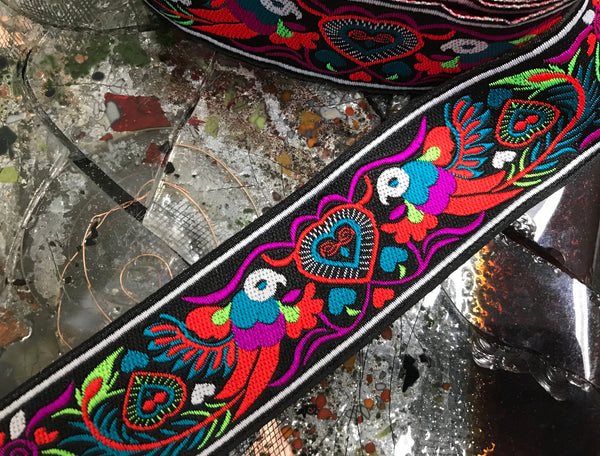 Multi Color on Black Background - Jacquard Ribbon- 5 cm Wide.