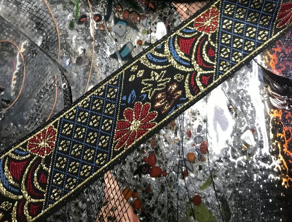 Red/Gold Filigree on  Blue Background - Embroidered Jacquard Ribbon - 7/8" Wide.