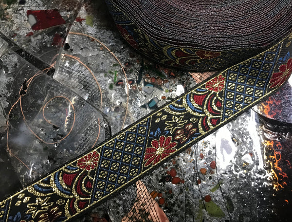Red/Gold Filigree on  Blue Background - Embroidered Jacquard Ribbon - 7/8" Wide.