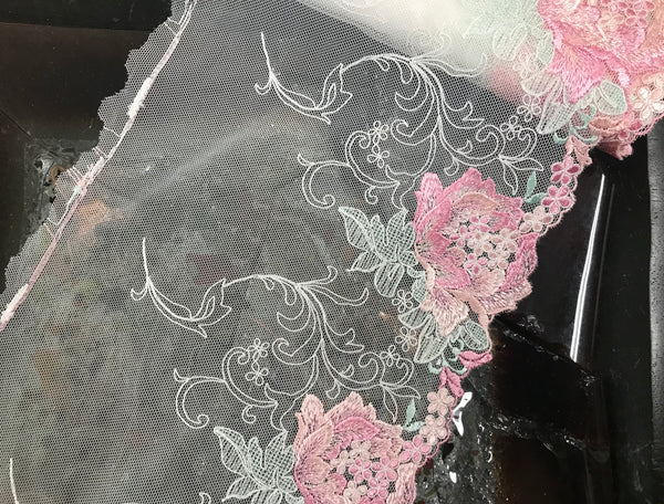 Shades of Pink/Pale Green on Off White Background - Embroidered Soft Tulle Lace - 19.5 cm Wide.