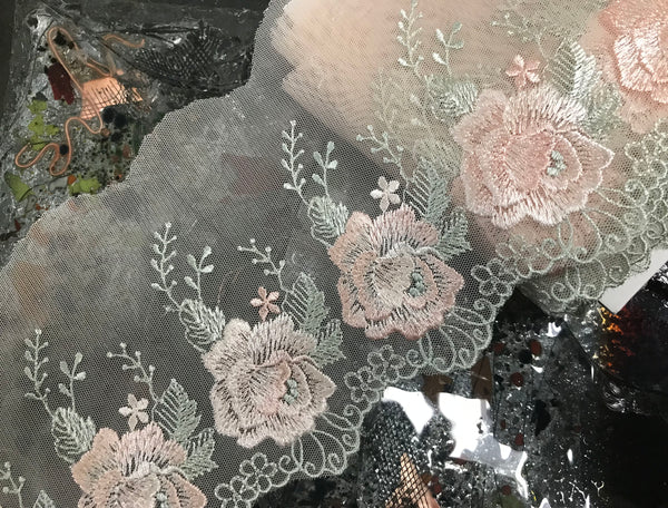 Shades of Pink/Pale Green Embroidery on Blush Background -  Soft Tulle Background - Italian Lace - 11.5 cm Wide.