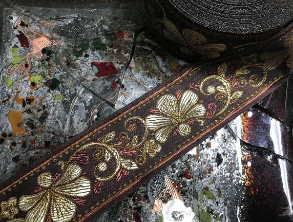 Shades of Beige/Coffee/Gold Filigree - Embroidered Jacquard Ribbon - 6 cm Wide.