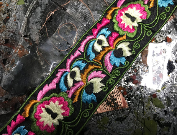 Multi Color Floral on Black Background- Boho Style  Embroidered  Ribbon -  1 6/8" Wide.