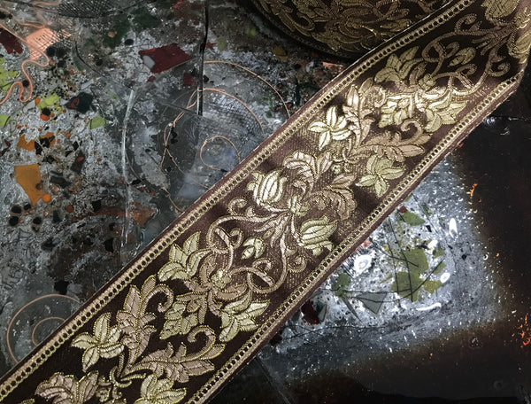 Multi Color Silky and Shinny with Gold Filigree - Embroidered Jacquard Ribbon - 6 cm Wide. In Two Styles.