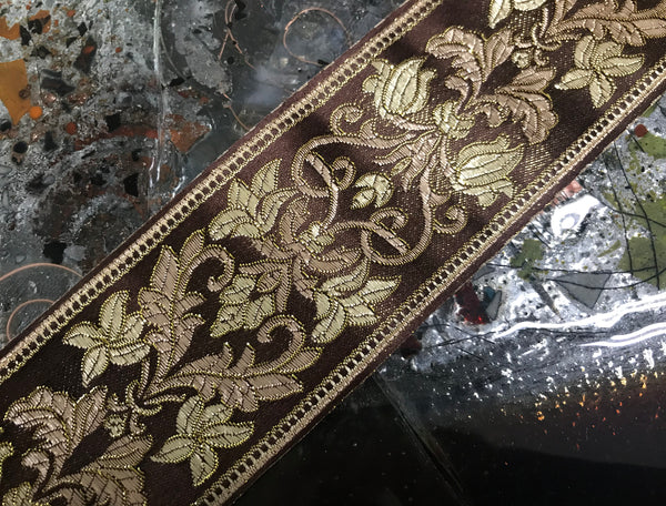 Multi Color Silky and Shinny with Gold Filigree - Embroidered Jacquard Ribbon - 6 cm Wide. In Two Styles.