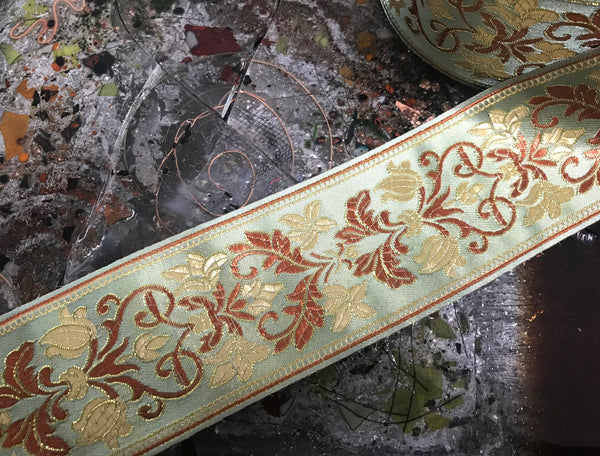 Multi Color Silky and Shinny with Gold Filigree - Embroidered Jacquard Ribbon - 6 cm Wide. In Two Styles.