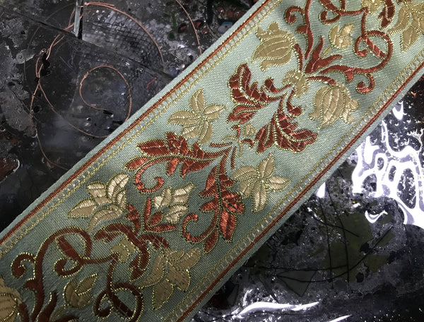 Multi Color Silky and Shinny with Gold Filigree - Embroidered Jacquard Ribbon - 6 cm Wide. In Two Styles.