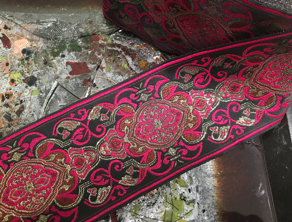 Pink/Brown/Gold Filigree on Black Background - Embroidered Jacquard Ribbon - 9 cm Wide.
