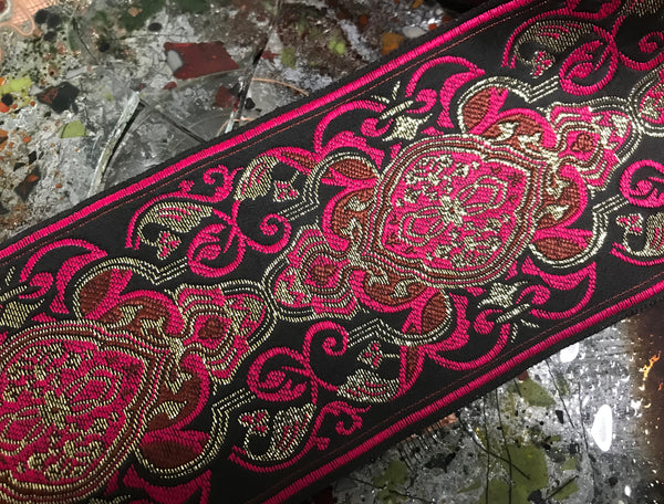 Pink/Brown/Gold Filigree on Black Background - Embroidered Jacquard Ribbon - 9 cm Wide.