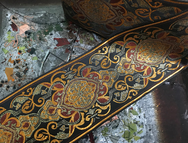 Shades of Gold/Maroon/Beige/Filigree on Black Background - Embroidered Jacquard Ribbon - 9 cm Wide.