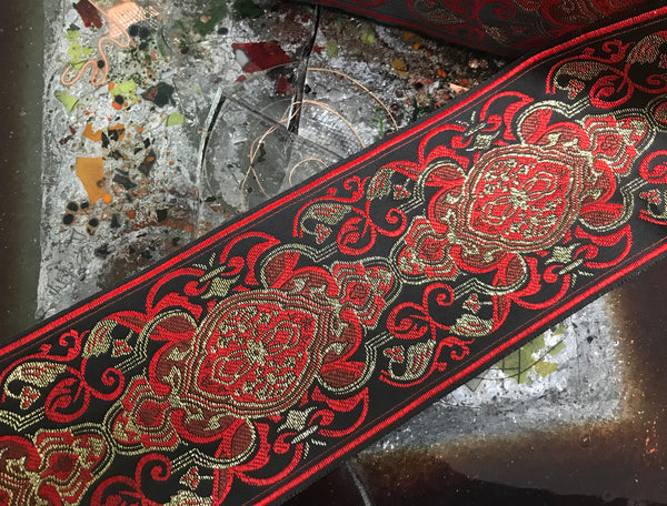 Red/Brown/Gold Filigree on Black Background - Embroidered Jacquard Ribbon - 9 cm Wide.