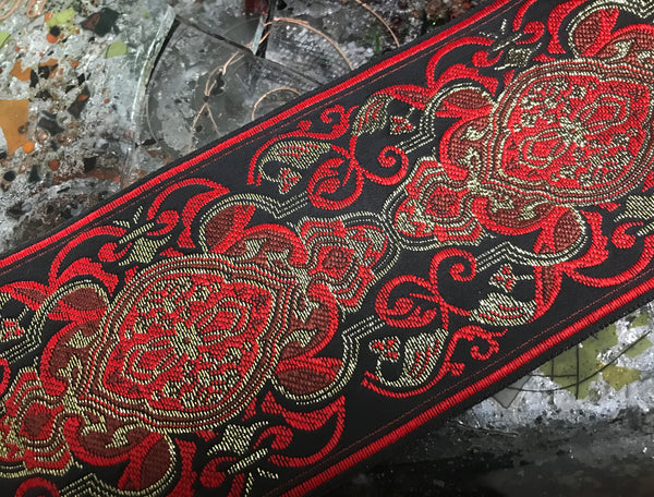 Red/Brown/Gold Filigree on Black Background - Embroidered Jacquard Ribbon - 9 cm Wide.