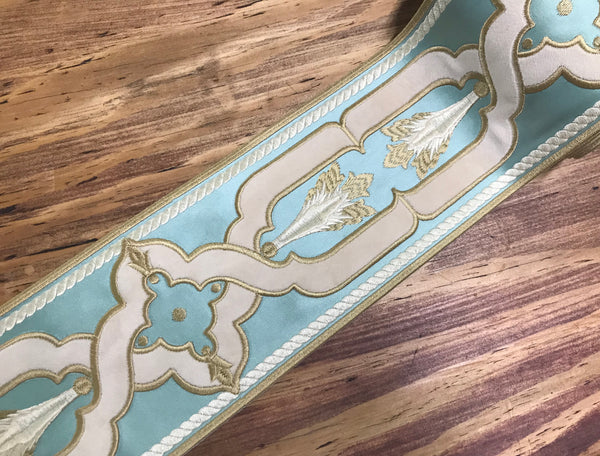 Shades of Aqua Green/Ivory - Embroidered Velvet Jacquard Ribbon - In Tree Styles and Width.
