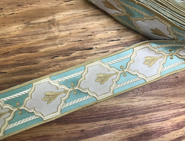 Shades of Aqua Green/Ivory - Embroidered Velvet Jacquard Ribbon - In Tree Styles and Width.