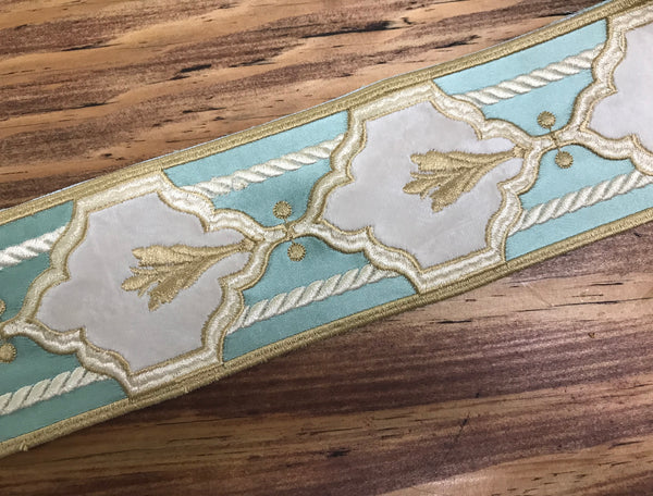 Shades of Aqua Green/Ivory - Embroidered Velvet Jacquard Ribbon - In Tree Styles and Width.