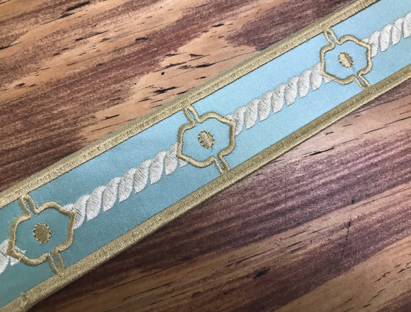 Shades of Aqua Green/Ivory - Embroidered Velvet Jacquard Ribbon - In Tree Styles and Width.