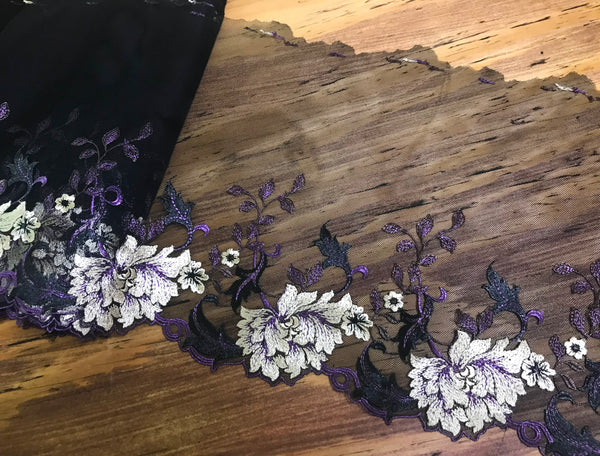 Purple/Beige/Black Floral on Black Background - Embroidered Soft Tulle Lace - 23 cm Wide.