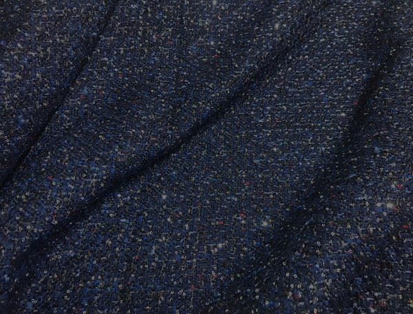 Double Faced Dark Blue w/Hombre Ribbons, Tulle and Multi Colors Sequins - French Tweed - 148 cm Wide.