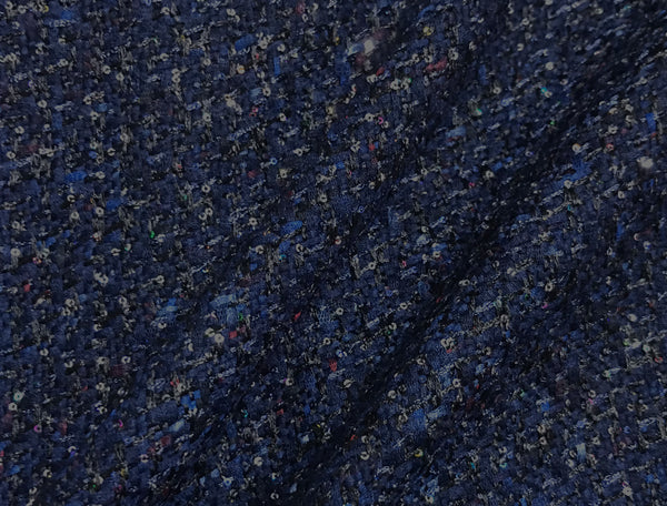 Double Faced Dark Blue w/Hombre Ribbons, Tulle and Multi Colors Sequins - French Tweed - 148 cm Wide.