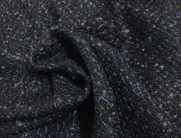 Black w/Ribbons, Multi Color Sequins  - Double Faced French Tweed - 148 cm Wide.