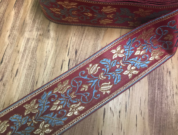 Blue and Gold w/Gold Filigree Floral on  Burgundy  Background - Embroidered Jacquard Ribbon - 6 cm Wide.
