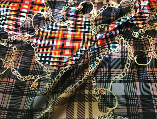 Multi Color Patch/Chains Print  - Stretch Silk Satin - 19 MM, 108 cm Wide.