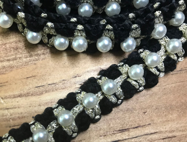 Pearl and w/Gold Thread on Black Background  - 6/8"  Wide.