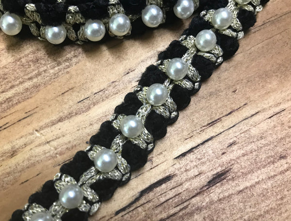 Pearl and w/Gold Thread on Black Background  - 6/8"  Wide.