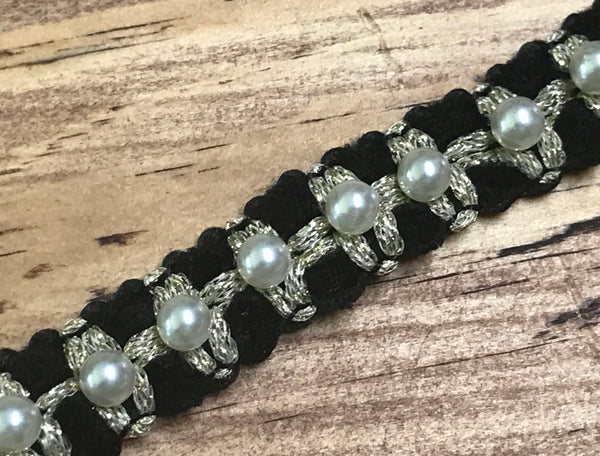 Pearl and w/Gold Thread on Black Background  - 6/8"  Wide.
