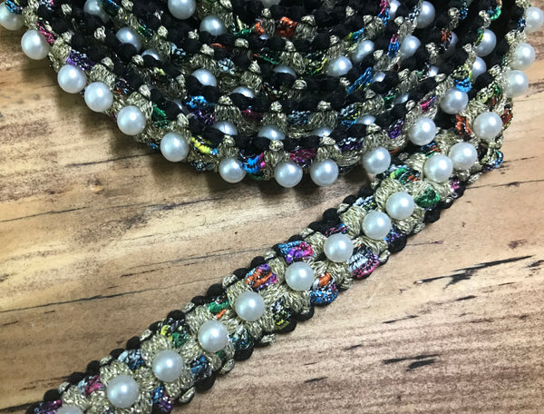 Pearl and w/Multi Color Thread on Black Background -  6/8" Wide.