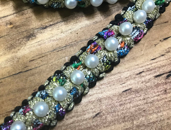 Pearl and w/Multi Color Thread on Black Background -  6/8" Wide.