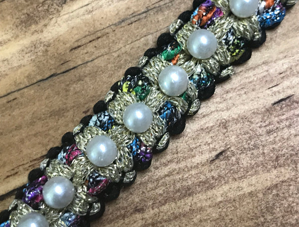 Pearl and w/Multi Color Thread on Black Background -  6/8" Wide.