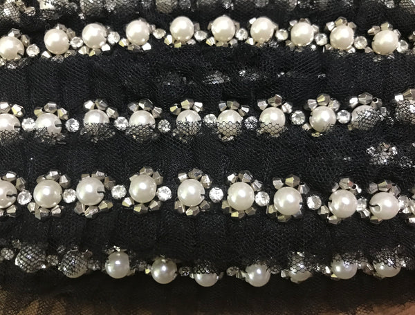Pearls/Glass Beads/Alloy Beads  on Ruffled Tulle Background  -  Beaded Trim - 4.2 cm Wide.
