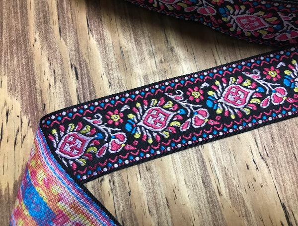 Multi Color w/Pink on Black Background - Embroidered Jacquard Ribbon - 5 cm Wide.