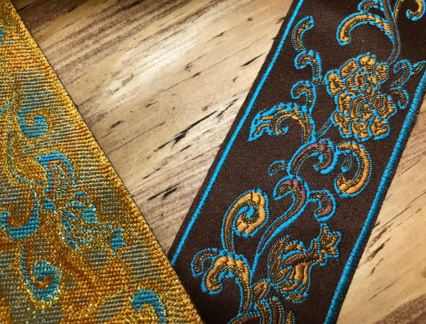 Turquoise/Brown w/Gold Filigree on  Brown  Background - Embroidered Jacquard Ribbon - 6 cm Wide.