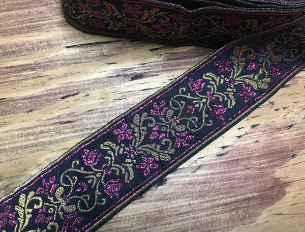 Raspberry/Gold on Black Background - Embroidered Jacquard Ribbon - 5 cm Wide.