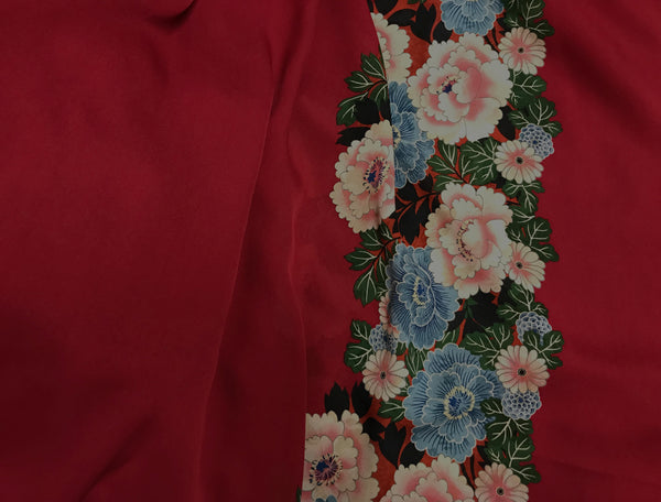 Multi Color Floral Border on Dark Red- Silk Crepe de Chine - 16 MM Weight - 111 cm Width x 115 cm Length.